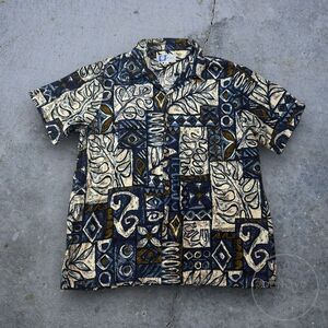 Vintage RJC Hawaiian Shirt XL Blue Geometric Design Short Sleeve Men's Casual